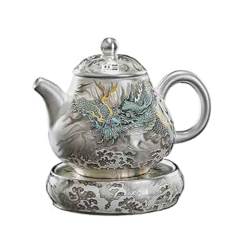 銀　茶壺 obg-n025, 大淵光則純銀銀壺四君子雕金提手把約0.2L 純銀泡茶壺